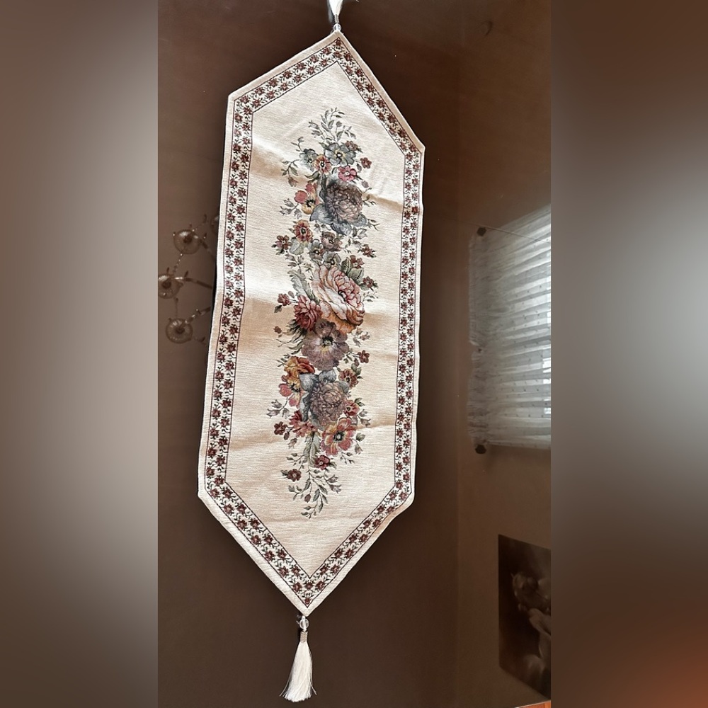 Floral Embroidered Table Runner in Cream, Brown and Muted Rose - Unbranded